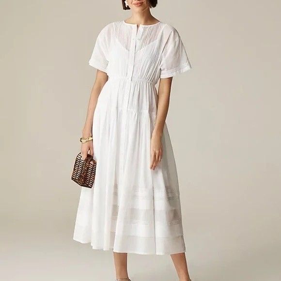 J. Crew Dresses & Skirts - J.CREW Pintuck Shirtdress Cotton Voile M White Short Sleeve Midi Lined NWT B28